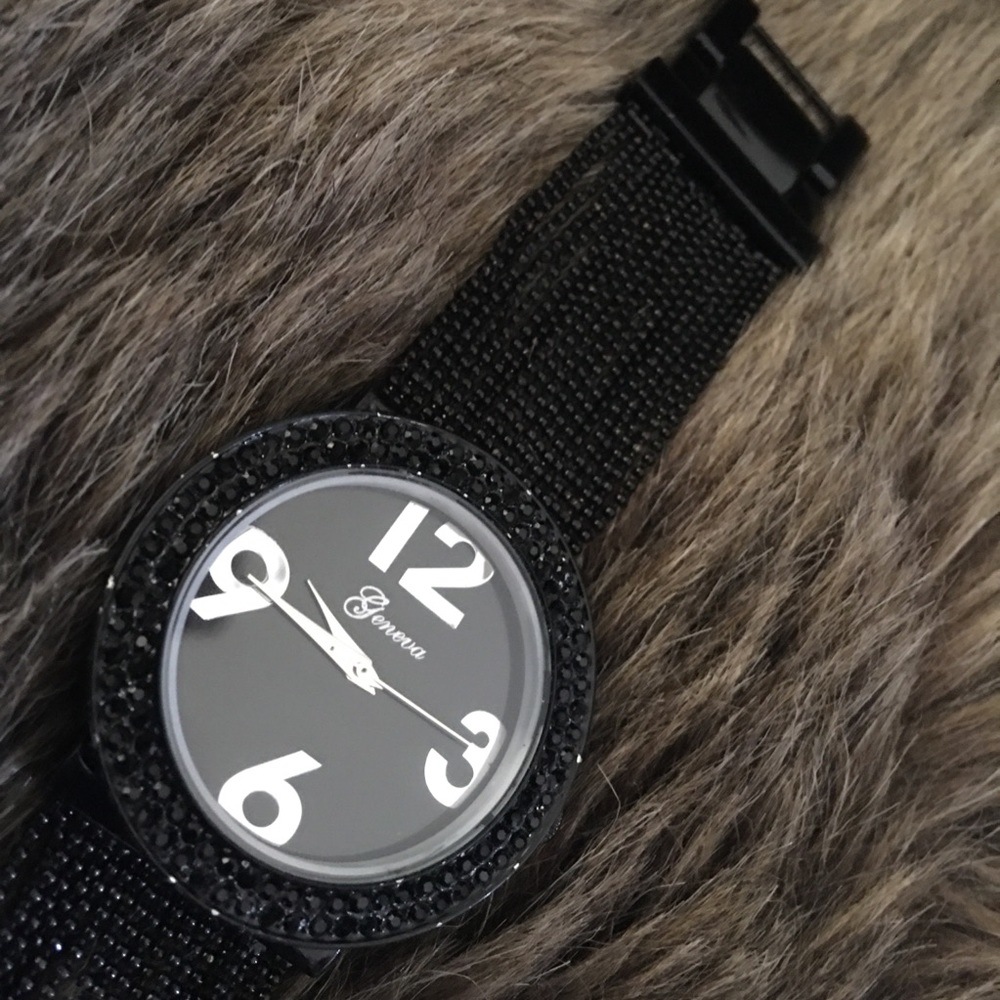 Ladies Geneva black rhinestone ball chain watch
